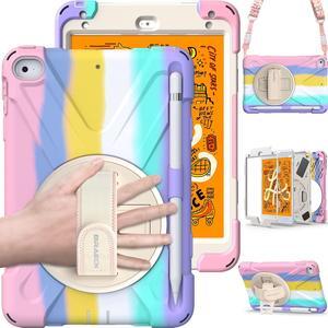 BRAECN for iPad mini 5th Generation Case, iPad mini 4 Case for Kids with Hand Strap, Shoulder Strap, Kickstand, Pencil Holder for iPad mini 5th/Mini 4th Gen 7.9'' -Light Rainbow