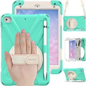 BRAECN for iPad Mini 5th Generation Case Kids, iPad Mini 4 Case Cover with Hand Strap, Kickstand, Pencil Holder, Shoulder Strap for Apple Mini iPad 4/5 Gen -Mint Green