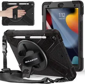 BRAECNstock Case for Apple iPad 9th/ 8th/ 7th Generation 10.2 inch 2021/2020/2019 Shockproof Protective Kids Case with Screen Protector, Pen Holder, Rotating Stand+Hand Strap, Carnival Night Black