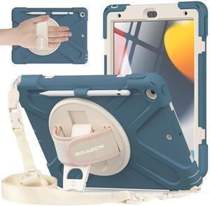 BRAECNstock for Apple iPad 9th/ 8th/ 7th Generation Case 10.2 inch 2021/2020/ 2019 Shockproof Protective Case with Screen Protector, Pencil Holder, Rotating Hand Strap+Stand, Cornflower Blue