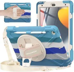 BRAECNstock for Apple iPad 9th/ 8th/7th Generation Case 10.2" 2021/2020/ 2019 Shockproof Protective Case with Screen Protector, Pencil Holder, 360deg Rotating Hand Strap + Stand, Colorful Blue