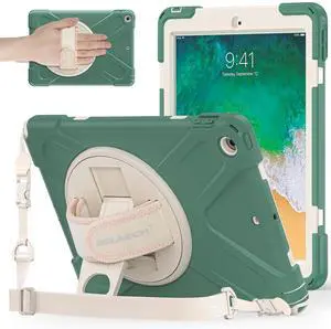 BRAECNstock Case for Apple iPad 6th/5th Generation/Air 2/ Pro 9.7 inch Shockproof Protective Kids Case with Pencil Holder, 360deg Rotating Hand Strap+Stand, Shoulder Strap, Emerald Green