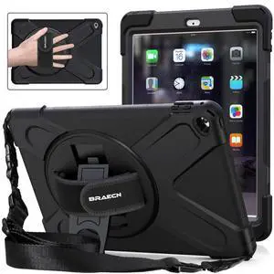BRAECNstock for Apple iPad Air 2 (2nd Generation) Case 9.7 inch 2014 Shockproof Protective iPad Air 2 Covers and Cases with Pencil Holder, Rotating Stand+Hand Strap, Shoulder Strap, Black