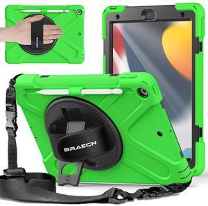 BRAECNstock for Apple iPad 9th/ 8th/ 7th Generation Case 10.2" 2021/2020/2019 Shockproof Protective iPad 10.2 Kids Case with Screen Protector, Pencil Holder, Rotating Stand+Hand Strap, Green