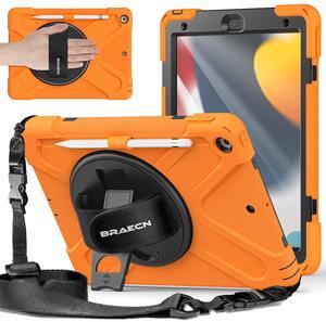 BRAECNstock for Apple iPad 9th/ 8th/ 7th Generation Case 10.2" 2021/2020/2019 Shockproof Protective iPad 10.2 Kids Case with Screen Protector, Pencil Holder, Rotating Stand + Hand Strap, Orange
