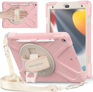 BRAECNstock Kids Case for Apple iPad 9th/ 8th/ 7th Generation 10.2" 2021/2020/2019 Shockproof Protective iPad 10.2 inch Case with Screen Protector, Pen Holder, Rotating Stand & Hand Strap, Sakura Pink