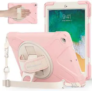 BRAECNstock for Apple iPad 6th/ 5th Generation Case, iPad Air 2/ Pro 9.7 inch Case Kids Shockproof Protective with Pencil Holder, Rotating Hand Strap+Stand, Shoulder Strap, Sakura Pink