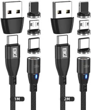 BIG+ Magnetic Charging Cable 2 Pack - (2M/1M) 100W | 6 in 1 PD Fast Magnetic USB C Nylon Braided Charging Cable, Micro USB A/C to Type C for i-Products, Android & Laptop
