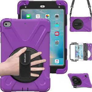BRAECN for iPad Mini5 Shockproof Case Three Layer Drop Protection Rugged Protective Heavy Duty iPad Mini4 Case with 360 Degree Swivel Stand/Hand Strap and Shoulder Strap for iPad Mini 5/4 Case(Purple)