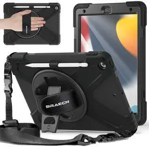 BRAECNstock Case for Apple iPad 9th/ 8th/ 7th Generation 10.2" 2021/2020/2019, Shockproof Protective iPad 10.2 inch Case Kids with Screen Protector, Pencil Holder, Rotating Hand Strap & Stand, Black