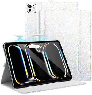 Casewind for iPad Pro 11 Inch Case 2024 5th Gen(M4),Glitter Sparkle PU Leather Multi-Angle Viewing Stand Cover with Pencil Holder & Pocket,Hand Strap,Auto Sleep/Wake for Apple iPad Pro 11 Inch,White