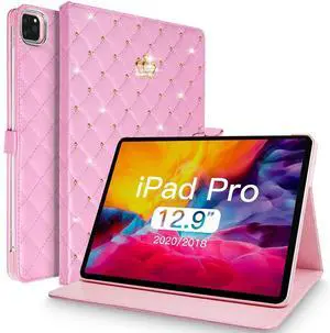 Changjia for iPad Pro 12.9 Inch Case 6th/5th/4th/3rd Generation (2022/2021/2020/2018),Crown Diamond Bling Cute PU Leather Smart Auto Sleep/Wake Stand Shockproof Protective Case for iPad 12.9 Inch,Pink