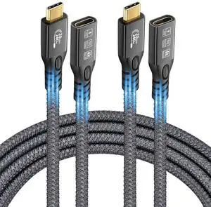 USB C 3.2 Extension Cable, 2 x 20Gbps USB 3.2 Gen2 Type-C Male to Female Extender Cable Ultra HD 4K@60Hz 240W Charging Data Transfer Compatible with External SSD (2, 2 x Extension 20G 240W 1M)
