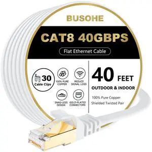 BUSOHE Cat 8 Ethernet Cable 40 FT, 40Gbps 2000Mhz High Speed Flat Cat8 Cable Patch Cord with Gold-Plated RJ45 Connector, LAN Network Internet Cable with 30 Clips for Router/Gaming/Computer, S/FTP