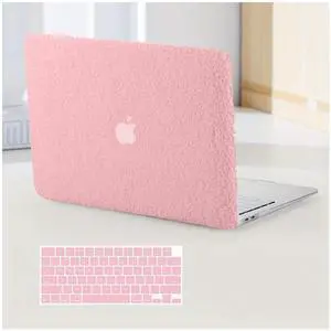 BYCeKe Compatible with MacBook Air 15 inch Case 2023 2024 2025 M4 A3241 M3 A3114 M2 A2941, Soft Fluffy Fuzzy Plush Faux Fur Cream Leather Hard Shell Cases&Keyboard Cover for Mac Air 15 M4 M3 M2,Pink