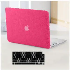 BYCeKe Compatible with MacBook Air 13.6 inch Case 2022-2025 M4 A3240 M3 A3113 M2 A2681, Soft Fluffy Fuzzy Plush Faux Fur Cream Leather Hard Shell Case&Keyboard Cover for Mac Air 13.6 Laptop, Rose
