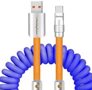 chubbycable Curly Chubby - 240W Coiled USB C Cable Spring Retractable Fast Charging Cable for Car Compatible with CarPlay, Android Auto, Dark Blue+Orange, USB-A to Type-C, 2.29FT-3.6FT