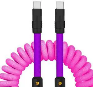 chubbycable Curly Chubby - 240W Coiled USB C Cable Spring Retractable Fast Charging Cable for Car Compatible with CarPlay, Android Auto, Pink+Purple, Type-C to Type-C, 2.29FT-3.6FT