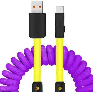 chubbycable Curly Chubby - 240W Coiled USB C Cable Spring Retractable Fast Charging Cable for Car Compatible with CarPlay, Android Auto, Purple+Yellow, USB-A to Type-C, 2.29FT-3.6FT