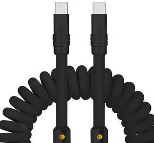 chubbycable Curly Chubby - 240W Coiled USB C Cable Spring Retractable Fast Charging Cable for Car Compatible with CarPlay, Android Auto, Black, Type-C to Type-C, 2.29FT-3.6FT