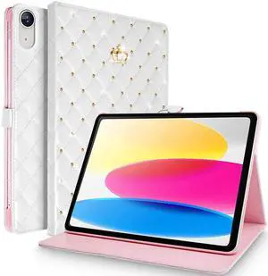 Changjia for iPad (A16) 11th Generation 11 Inch 2025/iPad 10th Generation 10.9" 2022 Case, Girly Crown Rhinestone Cute Elegant PU Leather Auto Sleep/Wake Stand Shockproof Case for iPad 11th/10th,White
