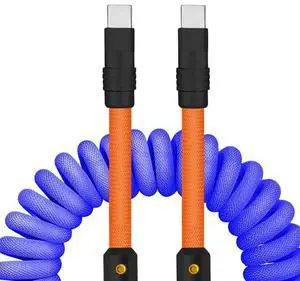 chubbycable Curly Chubby - 240W Coiled USB C Cable Spring Retractable Fast Charging Cable for Car Compatible with CarPlay, Android Auto, Dark Blue+Orange, Type-C to Type-C, 2.29FT-3.6FT