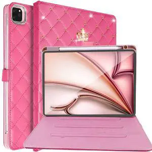 Changjia for iPad Air 11 Inch Case M3 2025/M2 2024,iPad Air 5th/4th Generation 10.9 Inch (2022/2020) with Pencil Holder,Girly Cute Crown Diamond Elegant Auto Sleep/Wake Stand Protective Case,Hot Pink