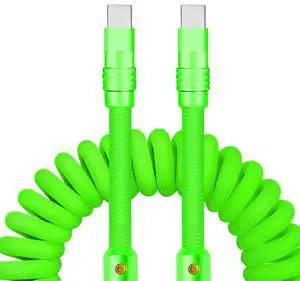 chubbycable Curly Chubby - 240W Coiled USB C Cable Spring Retractable Fast Charging Cable for Car Compatible with CarPlay, Android Auto, Green, Type-C to Type-C, 2.29FT-3.6FT