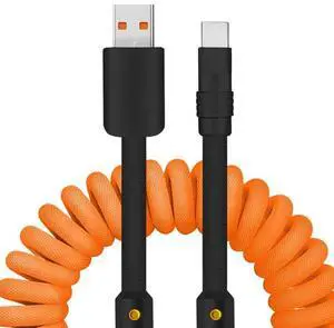 chubbycable Curly Chubby - 240W Coiled USB C Cable Spring Retractable Fast Charging Cable for Car Compatible with CarPlay, Android Auto, Orange+Black, USB-A to Type-C, 2.29FT-3.6FT
