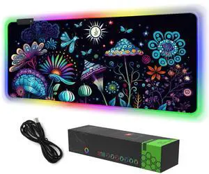 RGB Gaming Mouse Pad, DINKY Large Extended Soft Led Mouse Pad with 14 Lighting Modes, Water Resist Keyboard Pad, Computer Keyboard Mousepads Mat 35.4x15.8 inches- Cute Mashroom