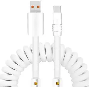 chubbycable Curly Chubby - 240W Coiled USB C Cable Spring Retractable Fast Charging Cable for Car Compatible with CarPlay, Android Auto, White, USB-A to Type-C, 2.29FT-3.6FT