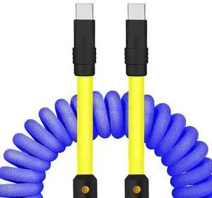 chubbycable Curly Chubby - 240W Coiled USB C Cable Spring Retractable Fast Charging Cable for Car Compatible with CarPlay, Android Auto, Light Blue+Yellow, Type-C to Type-C, 2.29FT-3.6FT