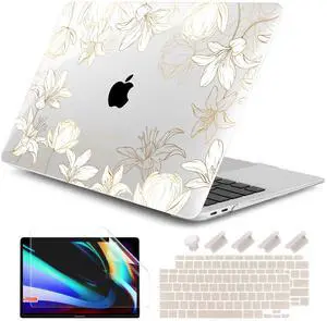 DONGKE Compatible with MacBook Air 13 inch Case 2021 2020 2019 2018 Release A2337 M1 A2179 A1932 with Retina Display Touch ID, Plastic Hard Shell & Keyboard Cover - Golden Florals