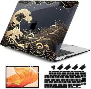 DONGKE Compatible with MacBook Air 13 inch Case 2021 2020 2019 2018 Release A2337 M1 A2179 A1932 with Retina Display Touch ID, Plastic Hard Shell & Keyboard Cover - Golden Wave