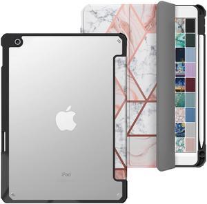DuraSafe Cases for iPad 9th 2021 8th 2020 7th 2019 Gen [iPad 9 iPad 8 iPad 7 ] 10.2 Inch A2602 A2270 A2197 MK663LL/A Rugged TPU Corner PC Transparent Back Case Pencil Holder - Pink Marble Print