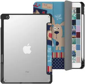 DuraSafe Cases for iPad 9th 2021 8th 2020 7th 2019 Gen [iPad 9 iPad 8 iPad 7 ] 10.2 Inch A2602 A2270 A2197 MK663LL/A Rugged TPU Corner PC Transparent Back Case Pencil Holder - Puppy Friend Print