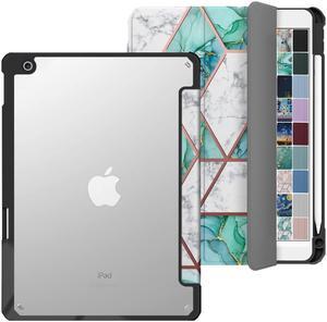 DuraSafe Cases for iPad 9th 2021 8th 2020 7th 2019 Gen [iPad 9 iPad 8 iPad 7 ] 10.2 Inch A2602 A2270 A2197 MK663LL/A Rugged TPU Corner PC Transparent Back Case Pencil Holder - Green Marble Print