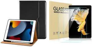 DTTO for iPad 9th/8th/7th Generation 10.2 Inch Case 2021/2020/2019, Premium Leather Business Folio Stand Cover with 2 Pack HD Clear Tempered Glass Screen Protector, Black