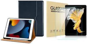 DTTO for iPad 9th/8th/7th Generation 10.2 Inch Case 2021/2020/2019, Premium Leather Business Folio Stand Cover with 2 Pack HD Clear Tempered Glass Screen Protector, Blue
