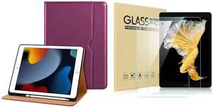 DTTO for iPad 9th/8th/7th Generation 10.2 Inch Case 2021/2020/2019, Premium Leather Business Folio Stand Cover with 2 Pack HD Clear Tempered Glass Screen Protector, Purple