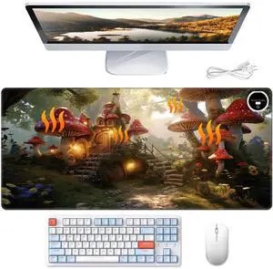 DEGDFSGR Heated Mouse Pad 10 Seconds Quick Heat & 3 Hours Auto Shut-Off Protection, 31.5" x 13" Heated Desk Pad, PU Leather Large Heated Mouse Pad Heated Desk Mat, Enchanting Mushroom Houses