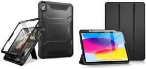 DTTO Case Compatible with iPad 10th Generation 10.9 inch 2022,Durable Shockproof Full Body Protective and Slim Tri-fold Stand Soft TPU Back Cases Black & Black