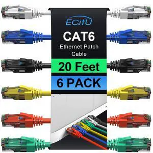Cat6 Patch Cables 20 Feet (6 Pack), Cat 6 Ethernet Cable, 24AWG CCA, UTP Network Cord, Internet Cable, Compatible for PC, Laptop, Router, Switch, Server, Printer, RJ45 LAN with 25 Cable Ties - 20FT