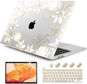 DONGKE Compatible with MacBook Pro 13 inch Case 2024 2023-2020 Release A2338 M2/M1 A2251 A2289 with Retina Display & Touch ID, Plastic Hard Shell & Keyboard Cover & Screen Film- Golden Florals