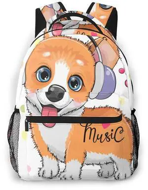 FeHuew Girls Music Cute Corigi Dog Backpack Bookbag 16 Inch Laptop Bag Shoulder Bag For 1-5th Grade