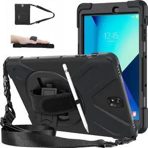 DreamerX for Samsung Galaxy Tab S3 9.7 Case T820/T825/T827, Heavy Duty Rugged Full Body Drop Protective Silicone Cover for Kids with Rotating Stand Handle Hand Strap Carrying Shoulder Strap, Black