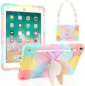 DreamerX Kids Case for iPad 9.7" 2018 2017/iPad Air 2/Pro 9.7 - Shockproof Rugged Butterfly iPad Case 6th Generation/5th Gen with Stand Shoulder Strap Pencil Holder for iPad Air 2/iPad Pro 9.7 Cover
