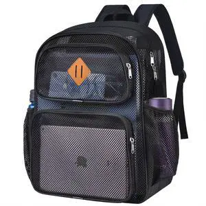 DST Gainbow Mesh Backpack for School, Heavy Duty See Through Net Bookbag for Girls Boys Kids, 27L Large Capacity Mesh Bookbag for Beach Work Sports Travel with Padded Strap(Black)