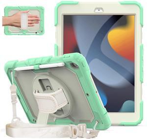 DUNNO for iPad 9th/8th/7th Generation Case, iPad 10.2 Case with Screen Protector, Heavy Duty Protective Case with 360deg Rotating Kickstand Shoulder Strap for iPad 10.2 2021/2020/2019(Rainbow/Green)