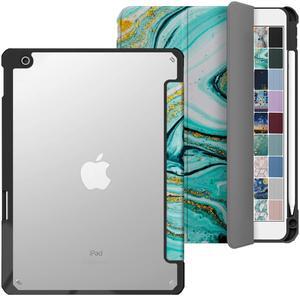 DuraSafe Cases for iPad 9th 2021 8th 2020 7th 2019 Gen [iPad 9 iPad 8 iPad 7 ] 10.2 Inch A2602 A2270 A2197 MK663LL/A Rugged TPU Corner PC Transparent Back Case Pencil Holder - Aqua Marble Print